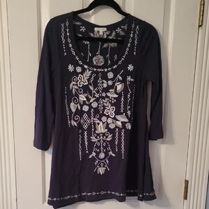Caite Johnny Was Embroidered Navy Blue Women's Top Tunic Small S
